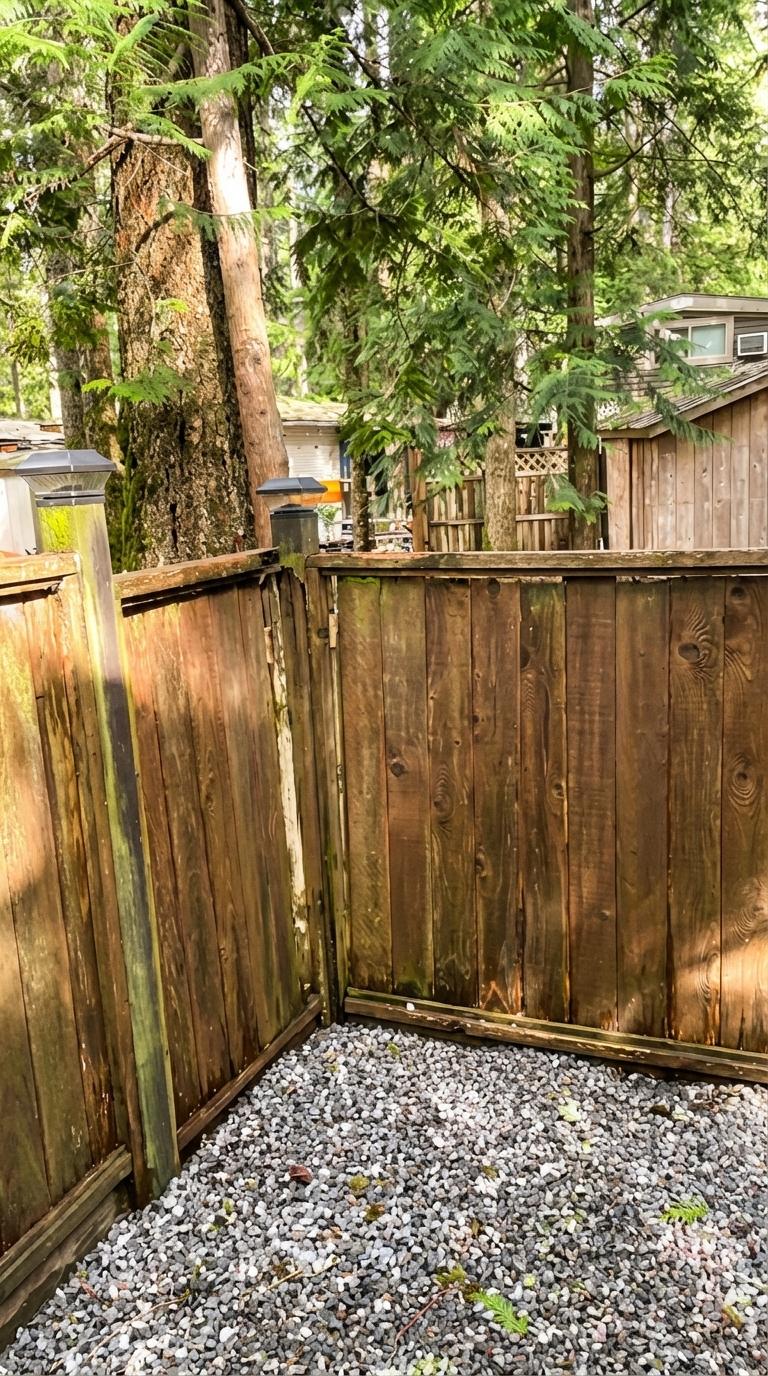 A corner of a damaged fence in a tiny backyard retreat 