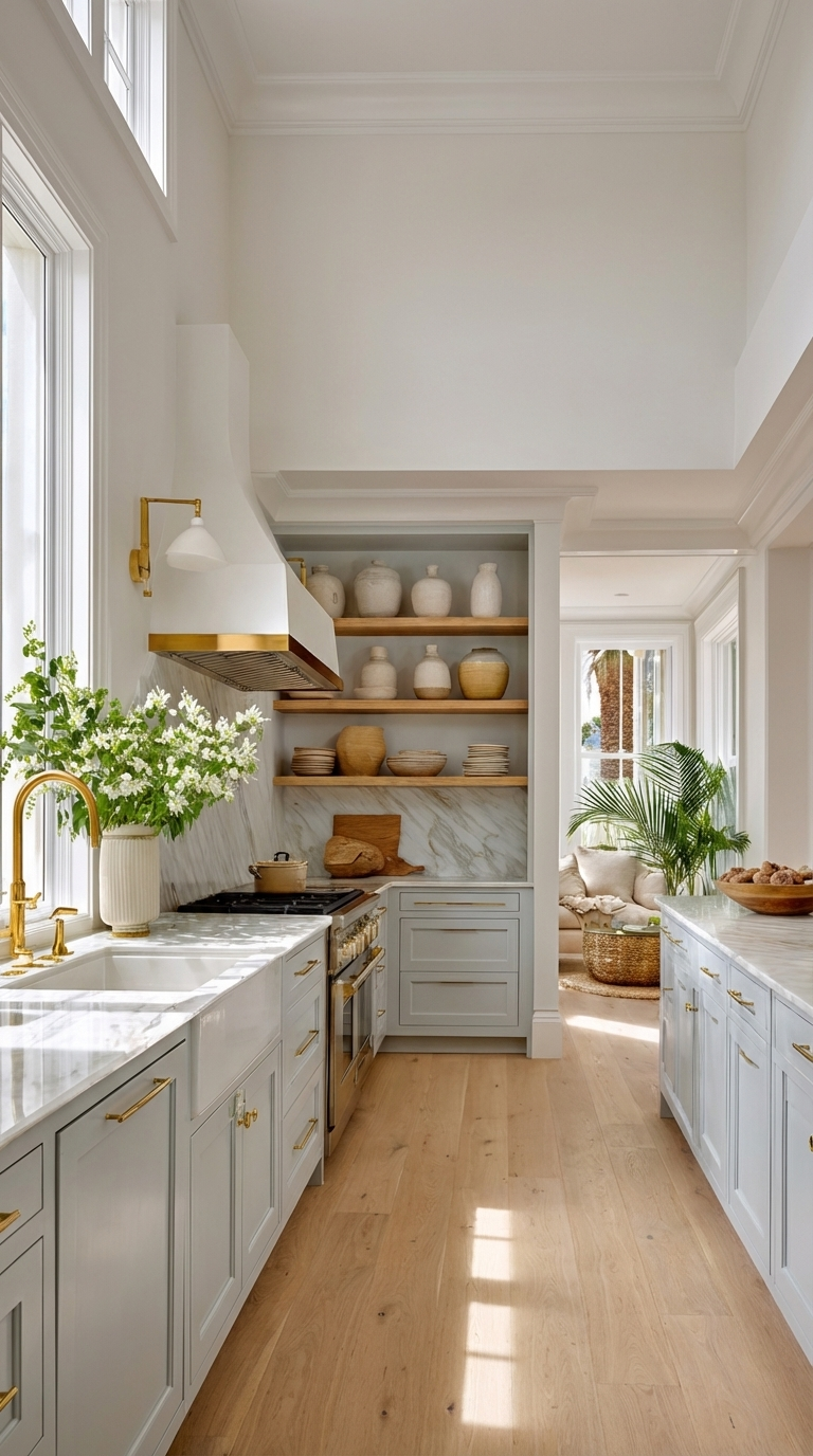 A wide shot captures an elegant kitchen area with rustic wood shelving and beautiful textured pots and ceramic dishware