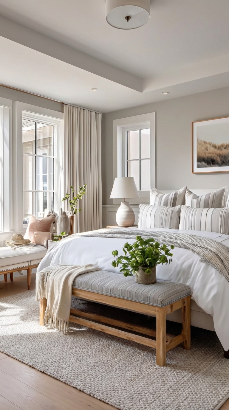 A wide shot captures an elegant bedroom space with soft grey, white and cream colours with wood accents