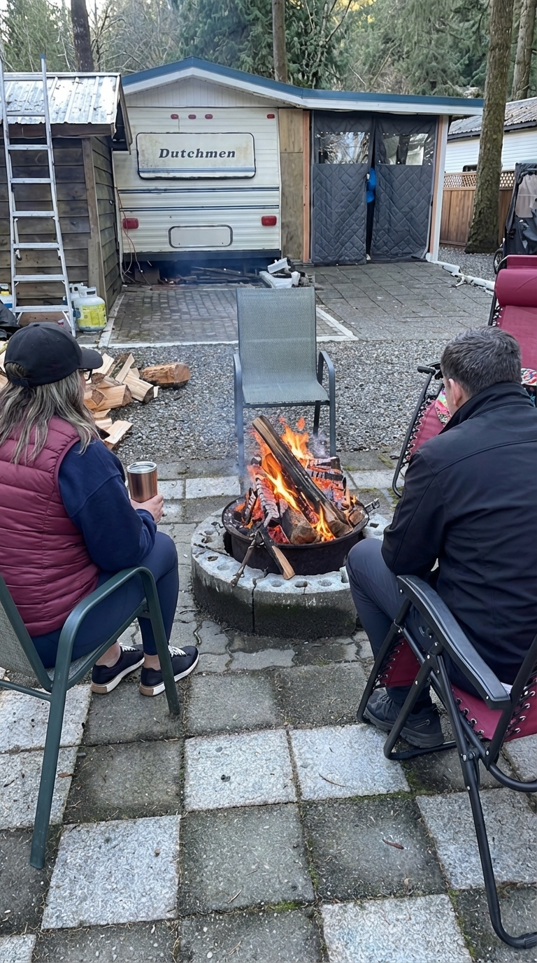 image of two people sitting at a fire in a RV setting