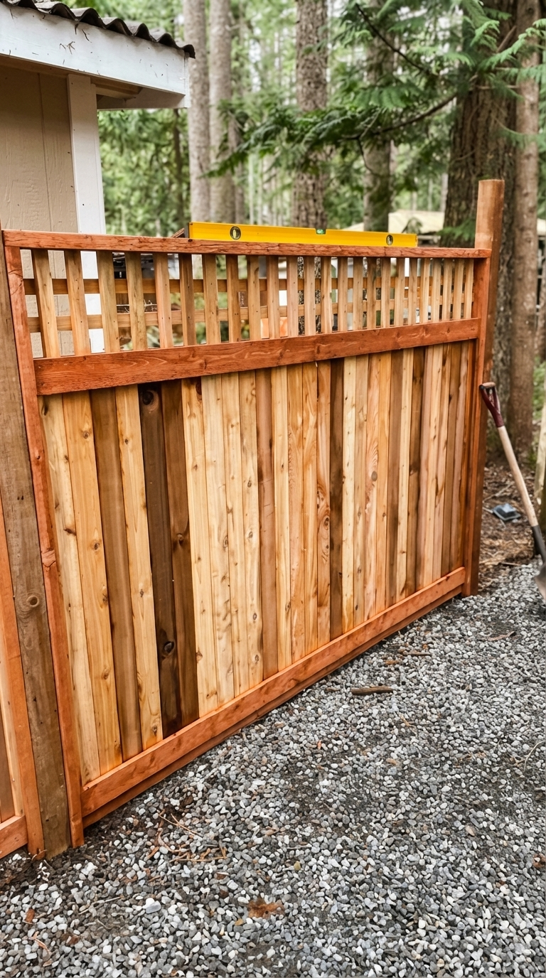 DIY ranch fence project progress with modern rustic wood panels on a small rural property