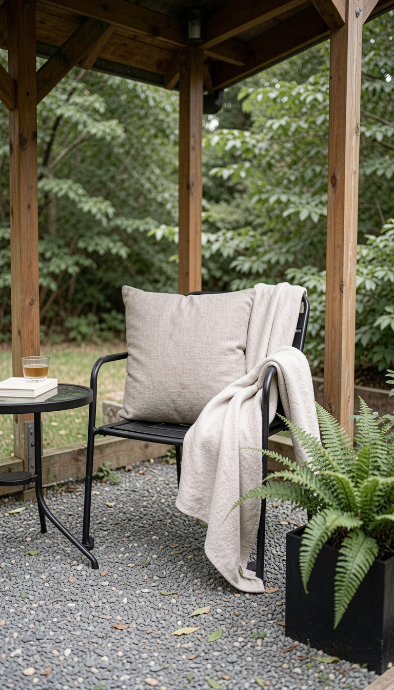 A close-up scene of a small outdoor patio setup under a wooden cover, featuring a black metal chair with a neutral textured pillow and a soft throw blanket