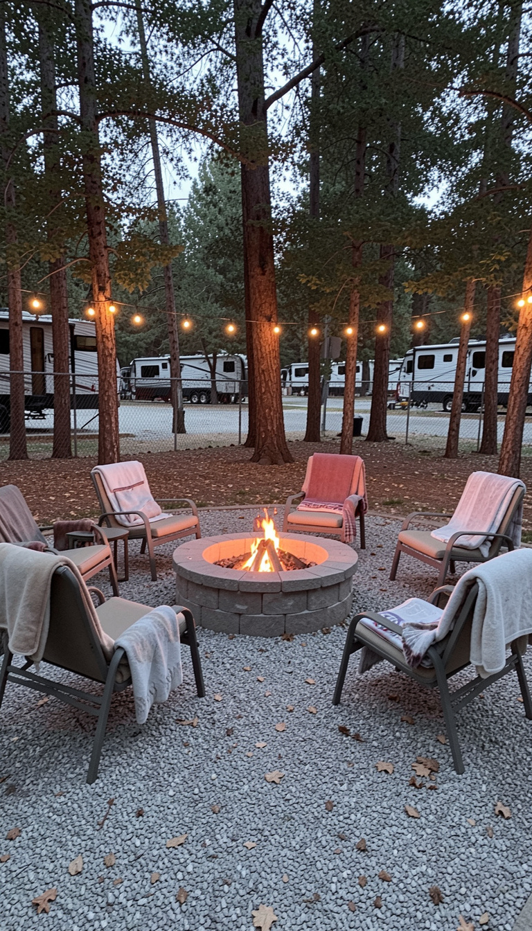 A cozy fire pit area in a small wooded RV lot, surrounded by gravel and trees with nearby fencing and hints of neighboring lots