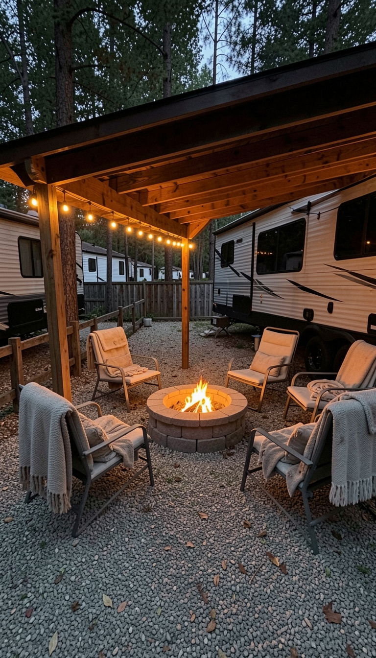 A cozy, simple outdoor patio scene in a small wooded RV lot at dusk, beside a fifth wheel trailer with a wooden patio cover