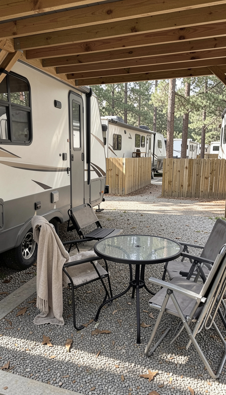 A small, cozy outdoor patio beside a fifth wheel trailer under a simple wooden patio cover in a wooded RV lot