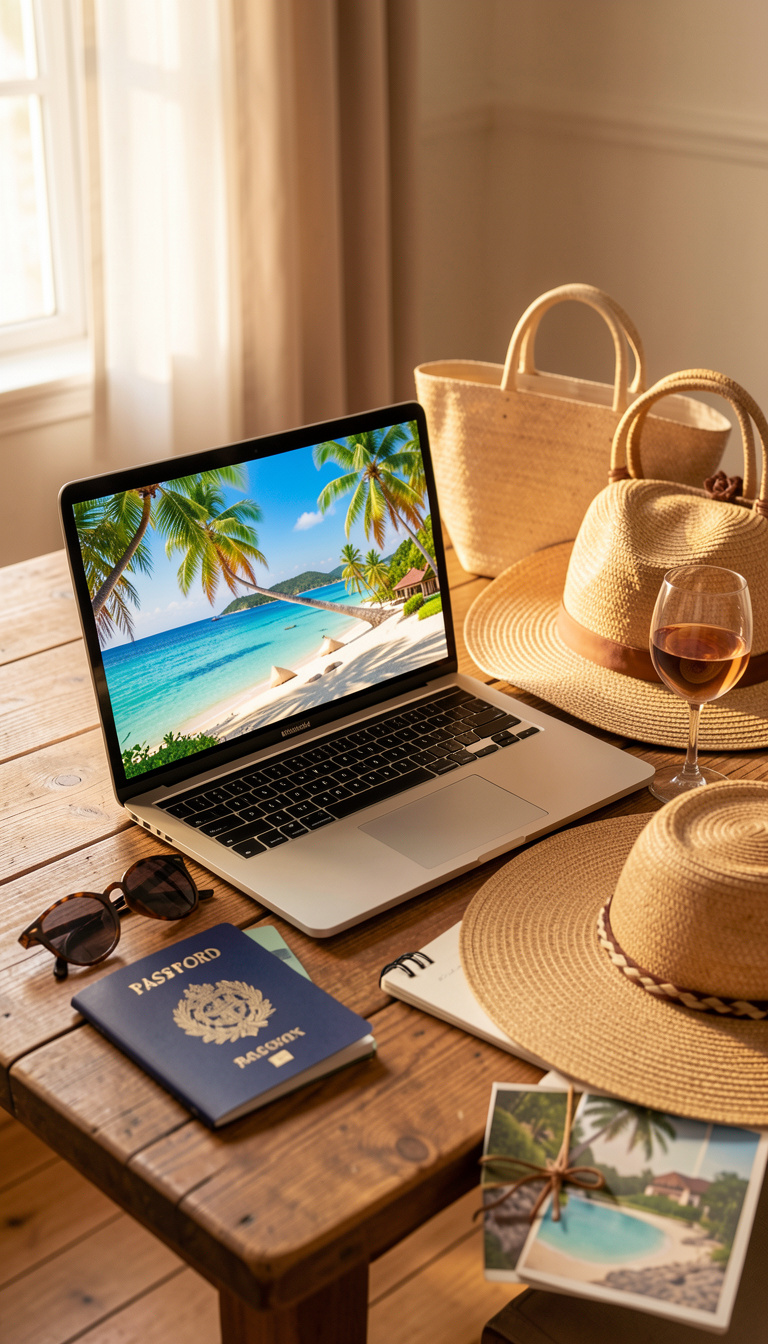 A laptop sitting on a table to plan a mexico all inclusive vacation