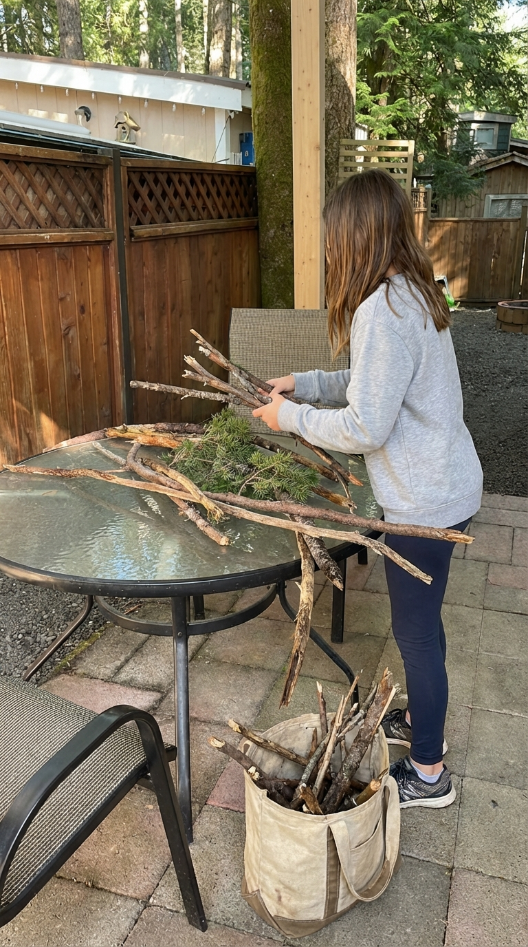A girl standing in front of a table of foraged branches for a DIY chandelier project