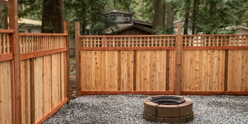 DIY ranch fence project progress with modern rustic wood panels on a small rural property