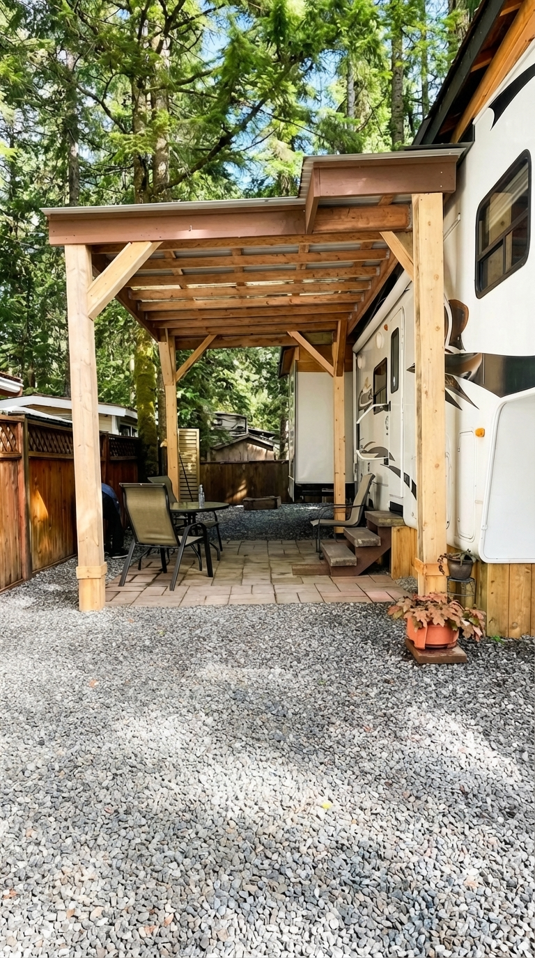 Image of a 5th trailer with a covered patio area in a RV setting