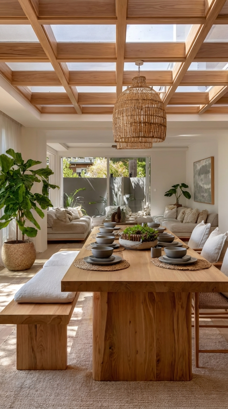 A wide shot captures an elegant dining area with a large, rustic oak table as the center piece.