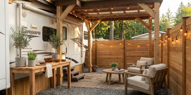 A styled tiny backyard retreat with a modern rustic feel