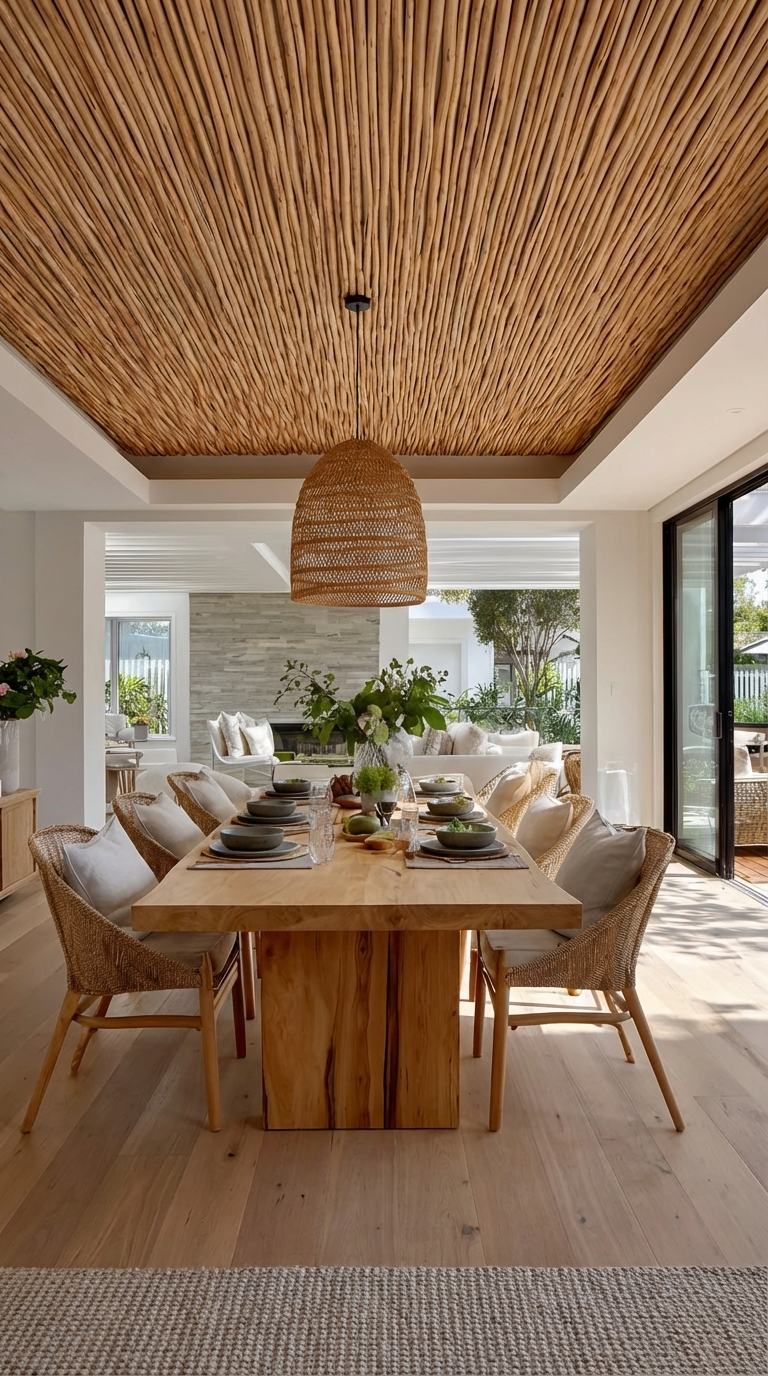 A wide shot captures an elegant dining area with a large, wicker chandelier styled over the table as the center piece