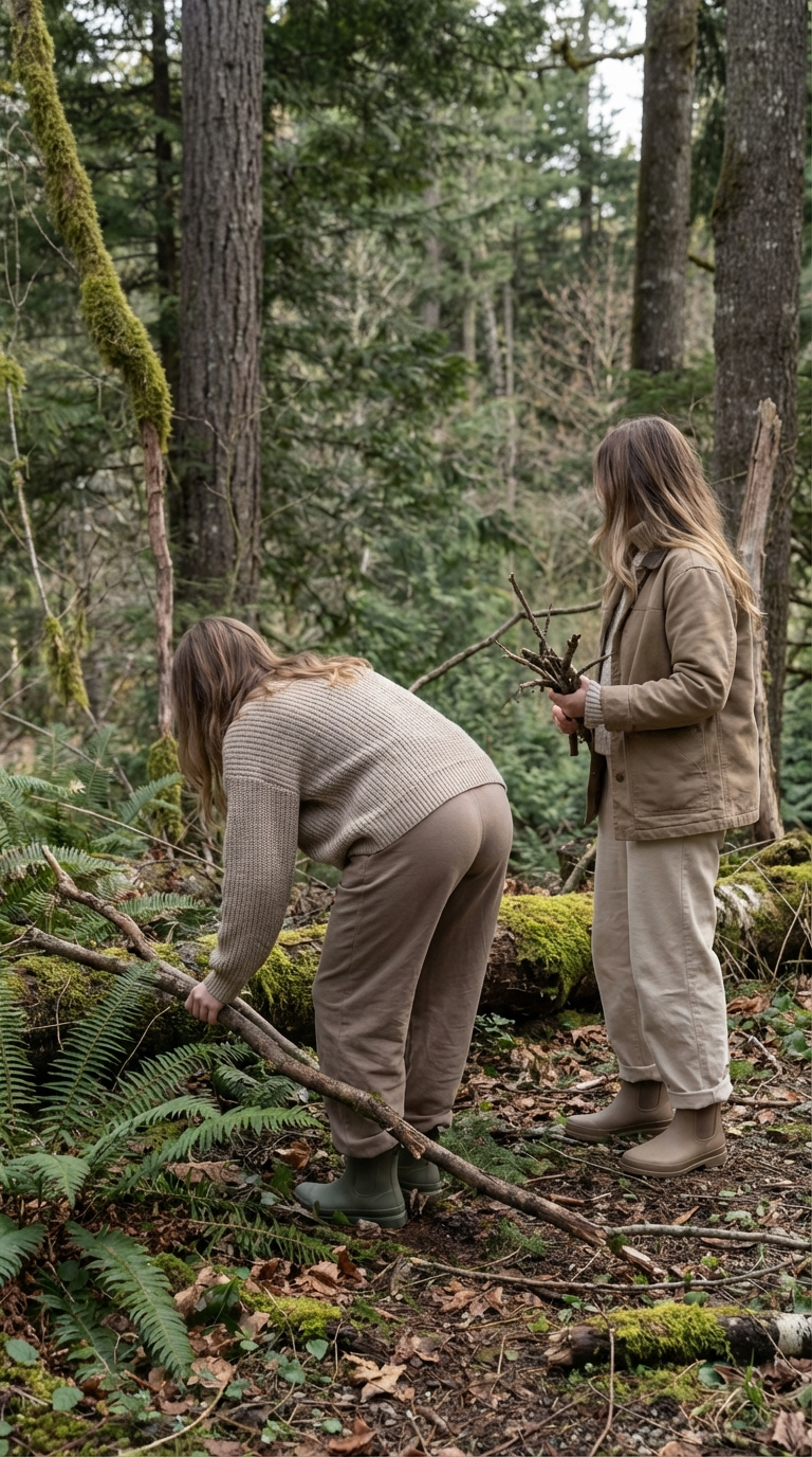 a couple girls collecting branches in a heavily treed area 