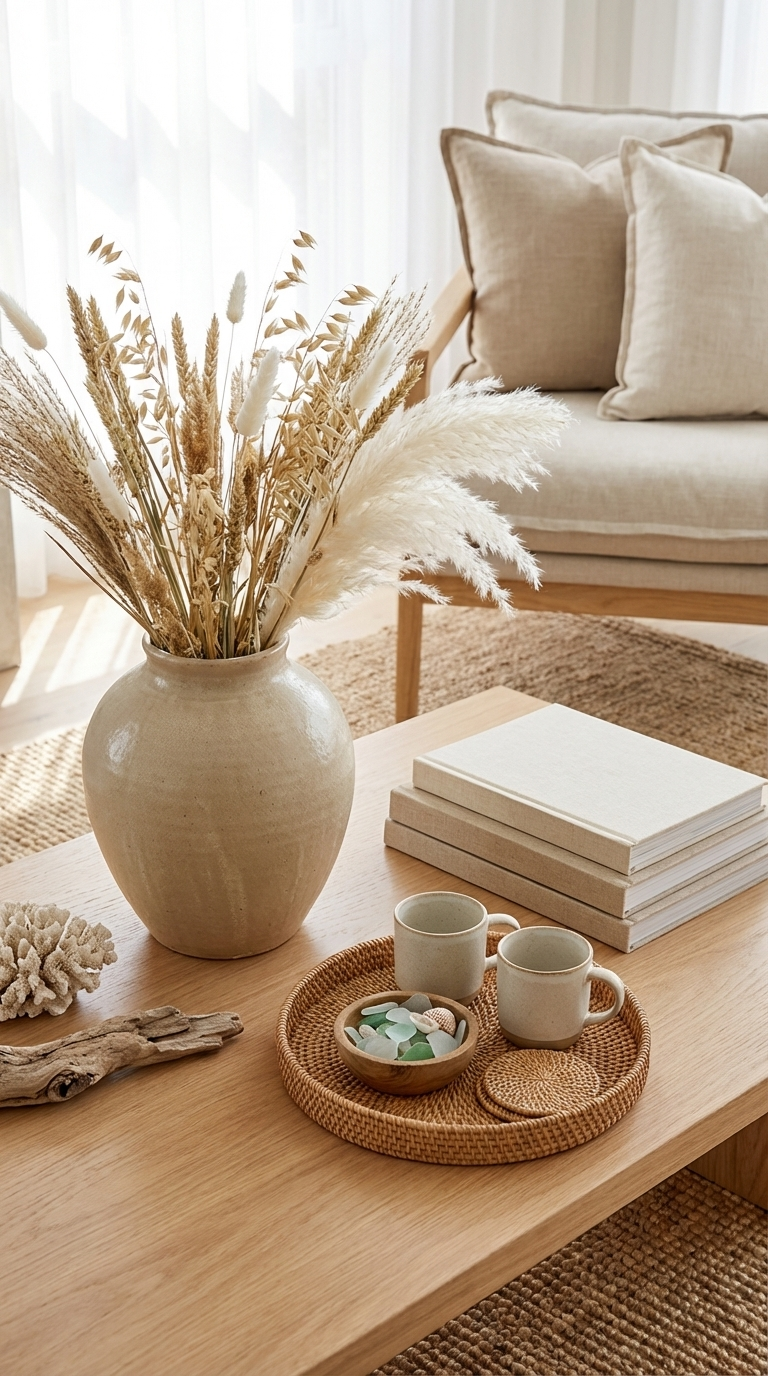 A styled coffee table with neutral decor including a textured vase, stacked books, a small tray, and soft natural elements. 