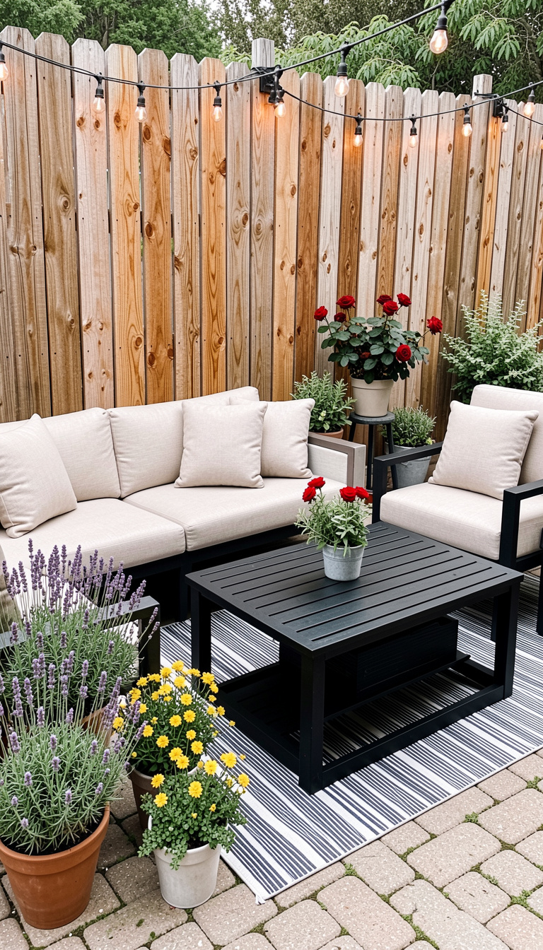 A cozy outdoor patio scene is depicted, featuring a wooden slatted fence as the backdrop