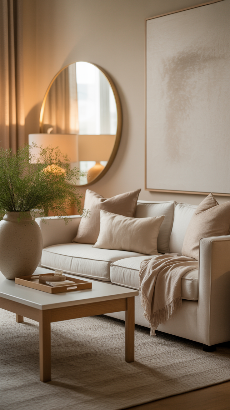 small cozy living room in a modern neutral home, indoor setting, styled with a few oversized decor pieces, large round wall mirror with a soft warm-toned frame