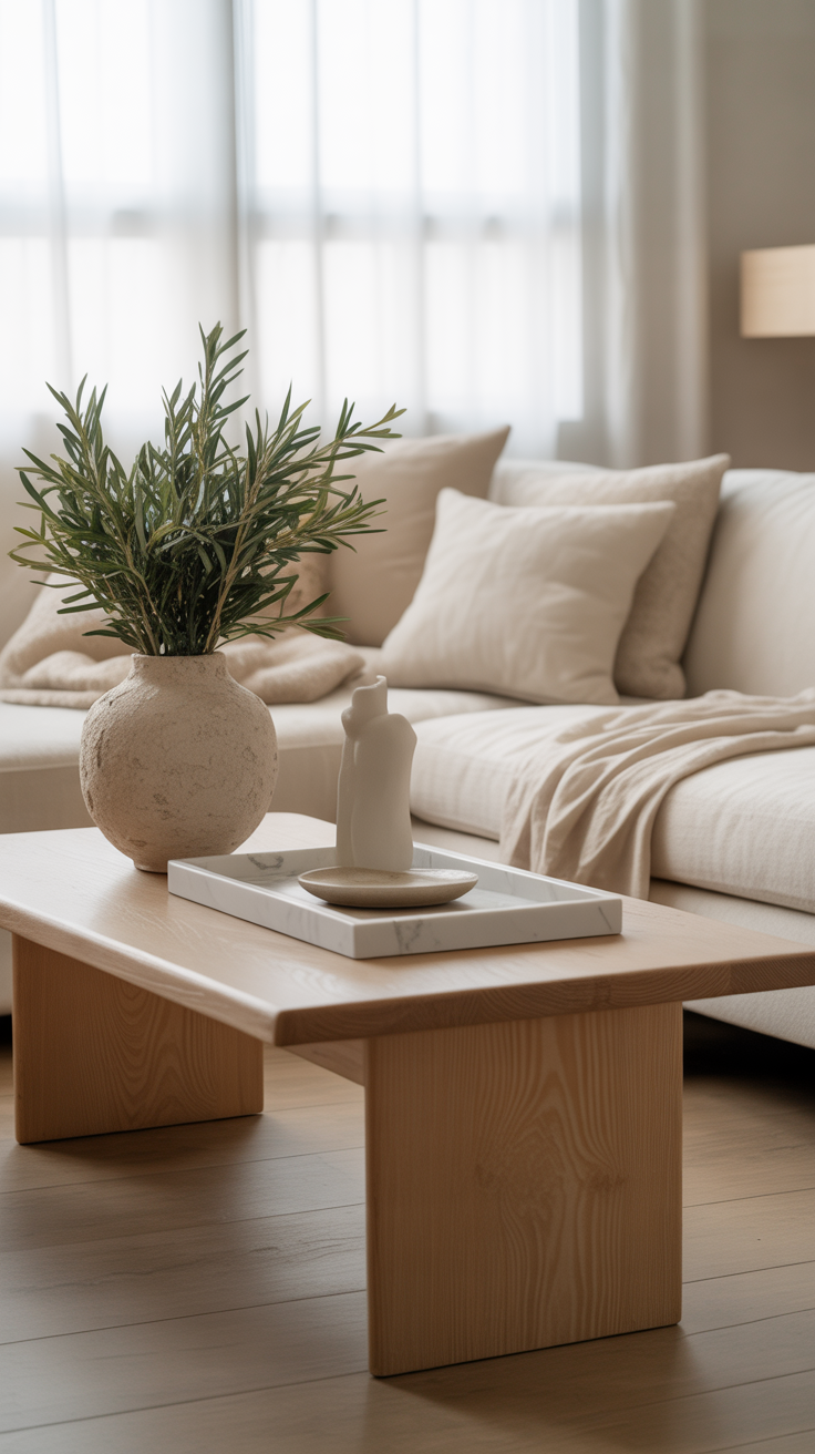 small neutral living space with natural elements, indoor setting, soft warm white and beige color palette, light wood textures, linen fabrics