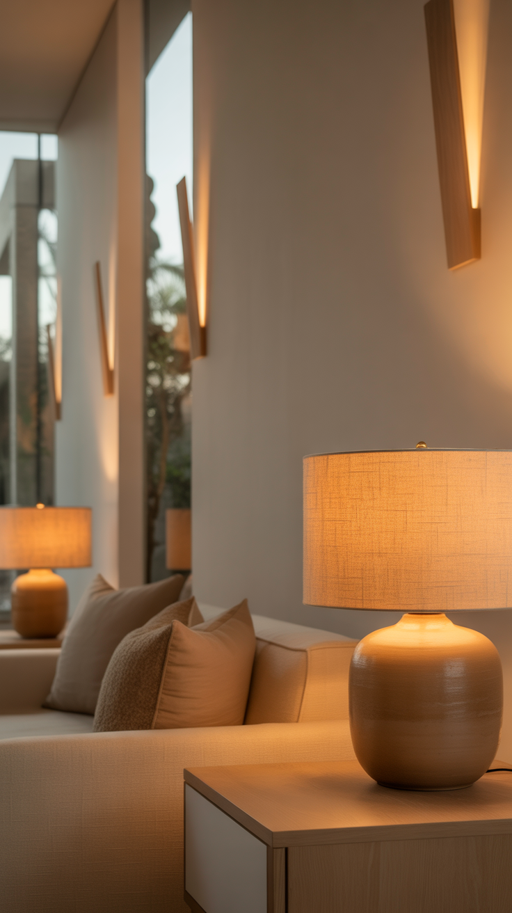 small living room with layered lighting in a neutral modern home, soft warm ambient glow from table lamps and wall sconces