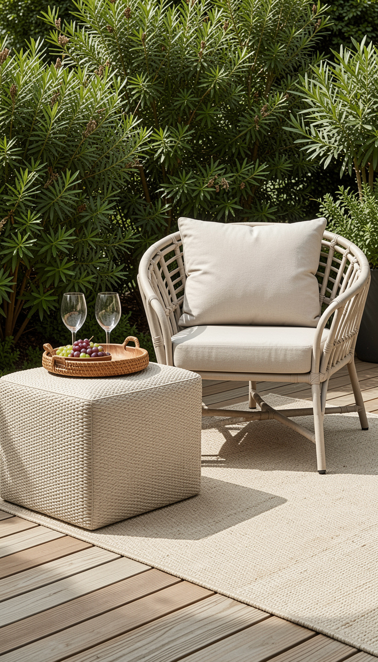 A modern outdoor seating area is depicted on a wooden deck, with lush greenery in the background