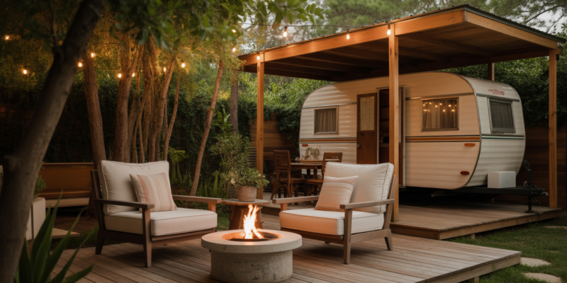 tiny retreat patio with neutral decor and string lights
