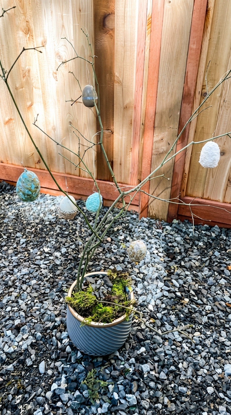 image of a DIY easter egg tree in an outdoor setting 
