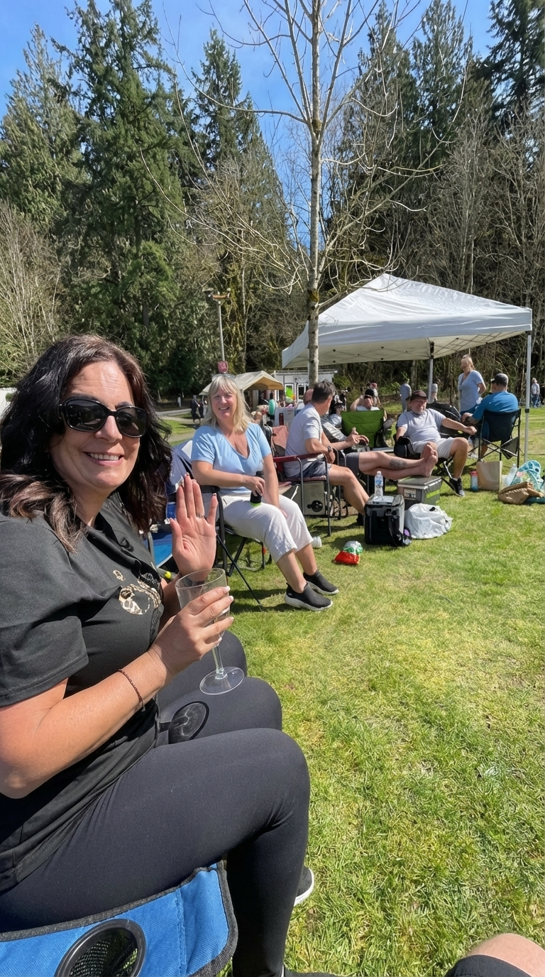 Outdoor setting on a sunny day outside with beautiful trees and lots of people 