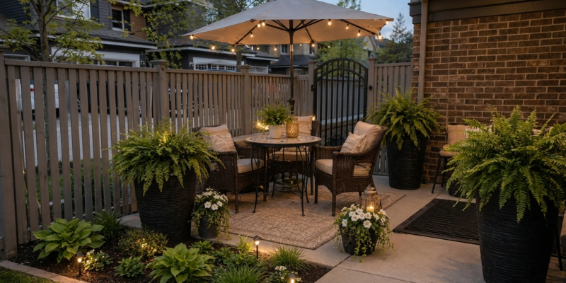 Modern tiny backyard patio makeover with wicker furniture, neutral umbrella, layered outdoor rug, potted ferns, soft lighting, and fresh garden landscaping.
