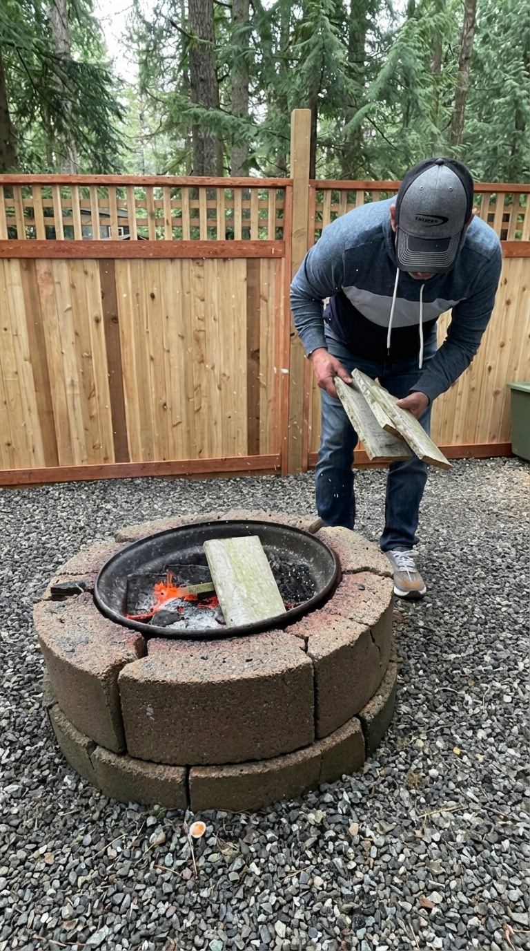 Building a fire in our fire pit area on gravel base during tiny retreat makeover