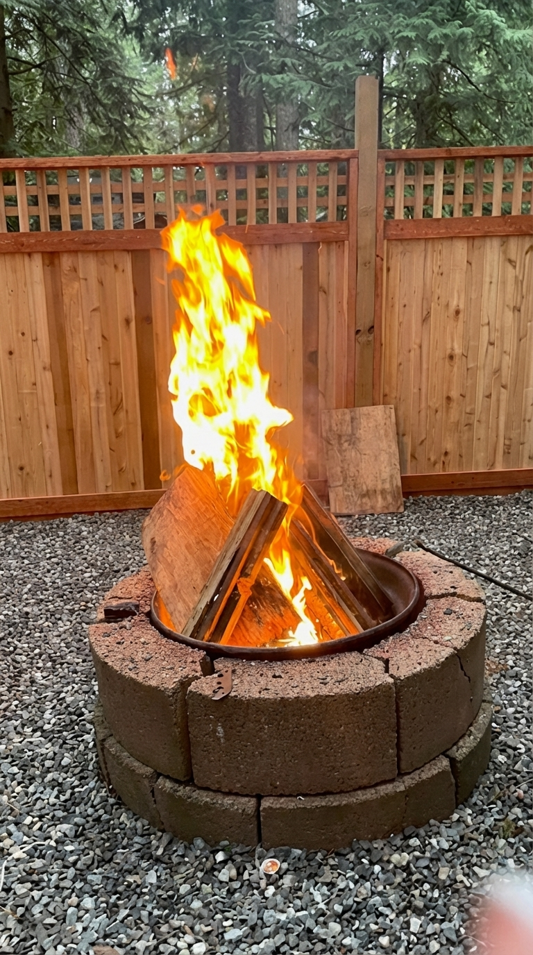 Cozy backyard fire pit burning at dusk inside newly fenced tiny retreat space