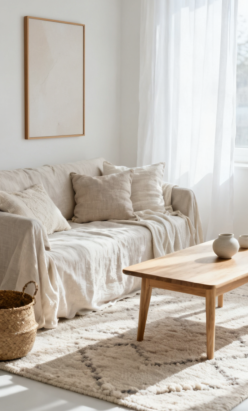 small cozy living room in a modern neutral home, indoor setting, soft light color palette