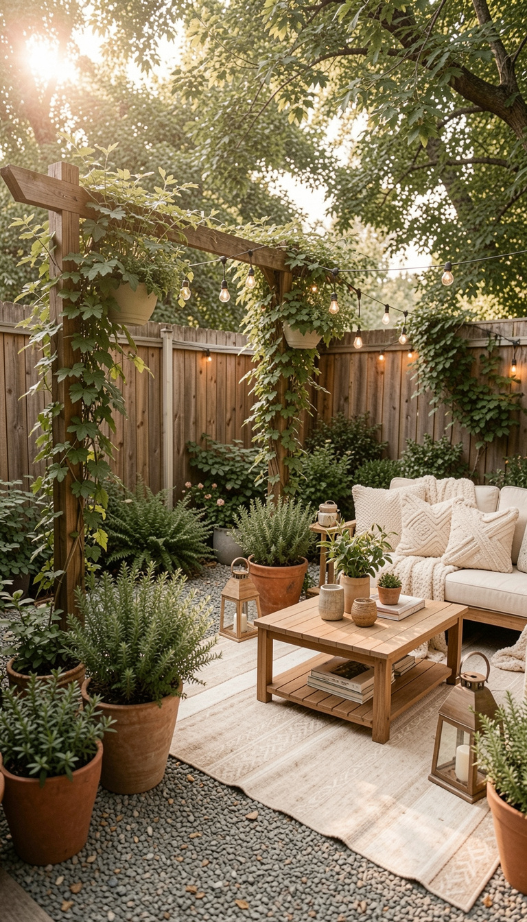 tiny retreat patio with neutral decor and string lights