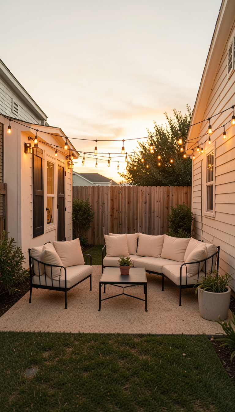 small backyard styled with gravel, planters, and coastal neutral tones