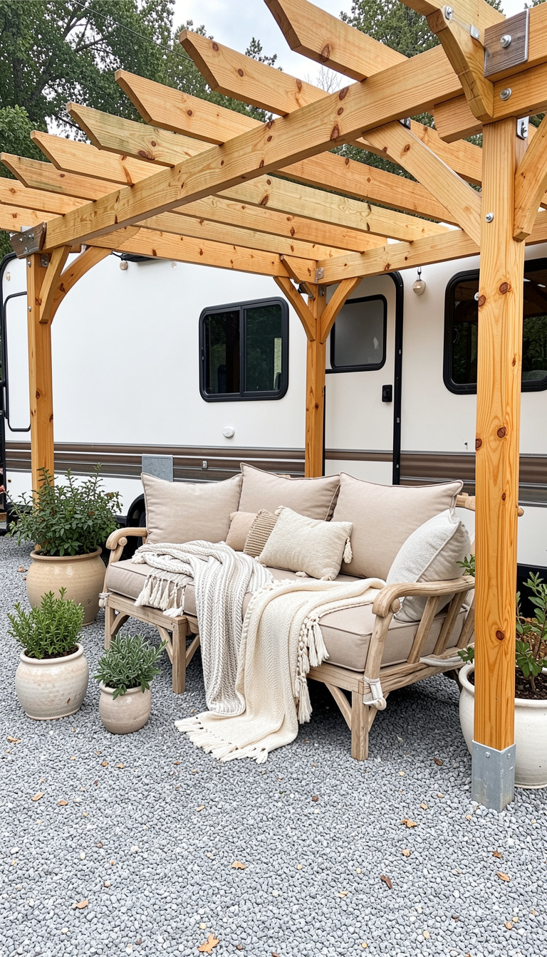 small backyard styled with gravel, planters, and coastal neutral tones