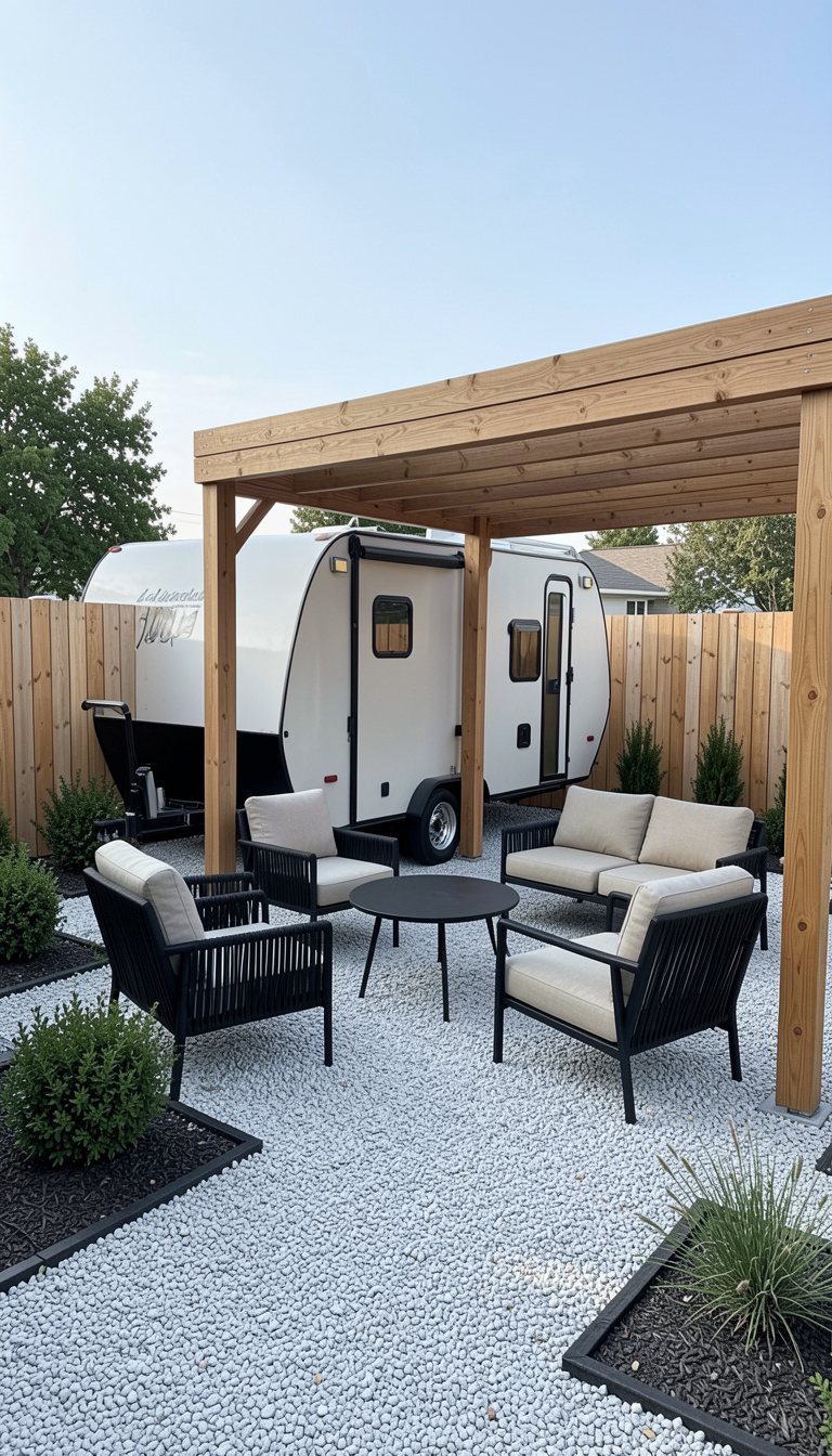 small backyard styled with gravel, planters, and coastal neutral tones