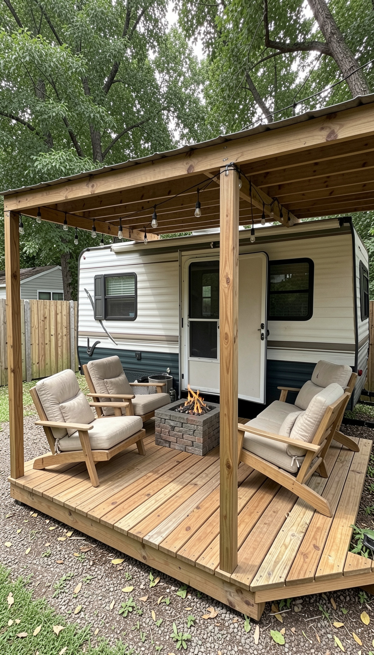 tiny retreat patio with neutral decor and string lights