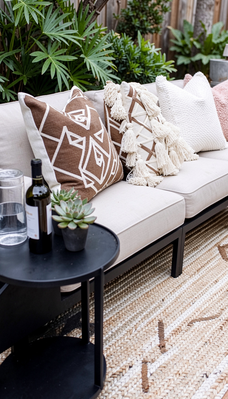 A cozy outdoor seating area featuring a neutral outdoor sofa adorned with several decorative pillows