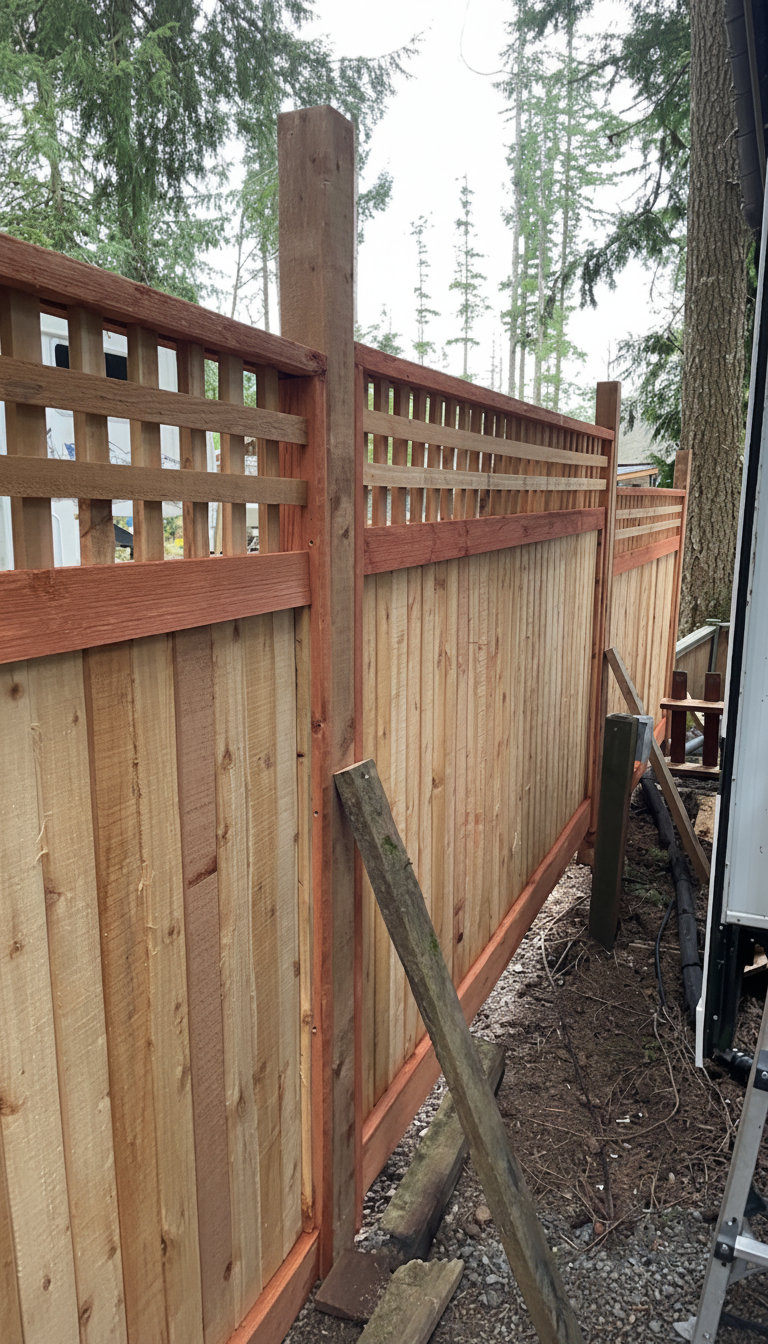 Wood privacy fence with lattice top installed along side yard for backyard enclosure