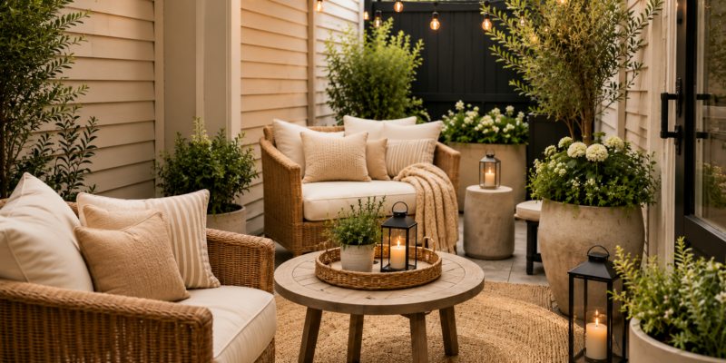 Cozy small patio with wicker seating, neutral cushions, outdoor rug, black lanterns, string lights, and lush planters for Amazon small patio decor inspiration.