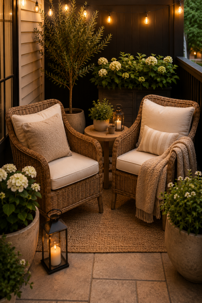 Image of compact seating on a small stylish patio at night