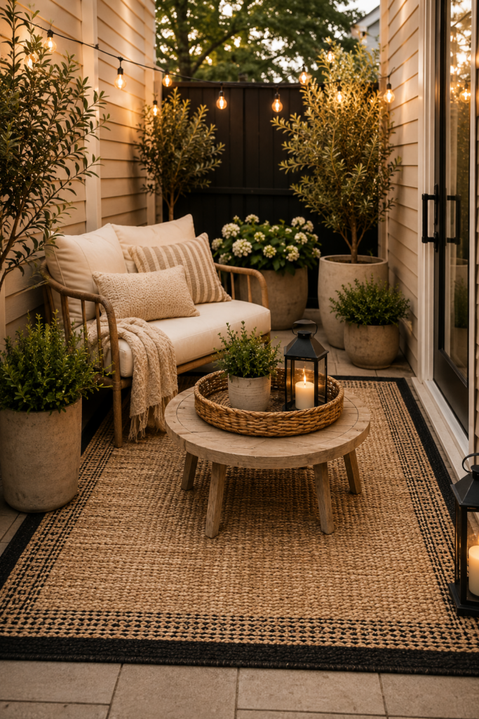 Image of a stylish outdoor rug on a small beautiful patio at dusk