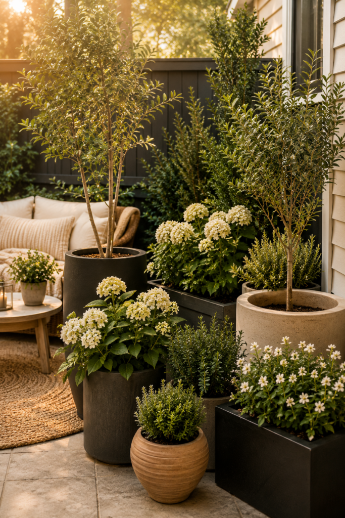A beautiful arrangement of planters neutral plants and trees on a small patio setting