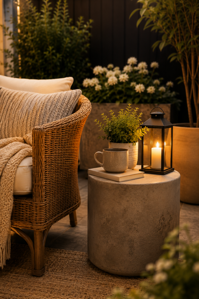 Image of a styled side table on a small patio with soft glowing lantern