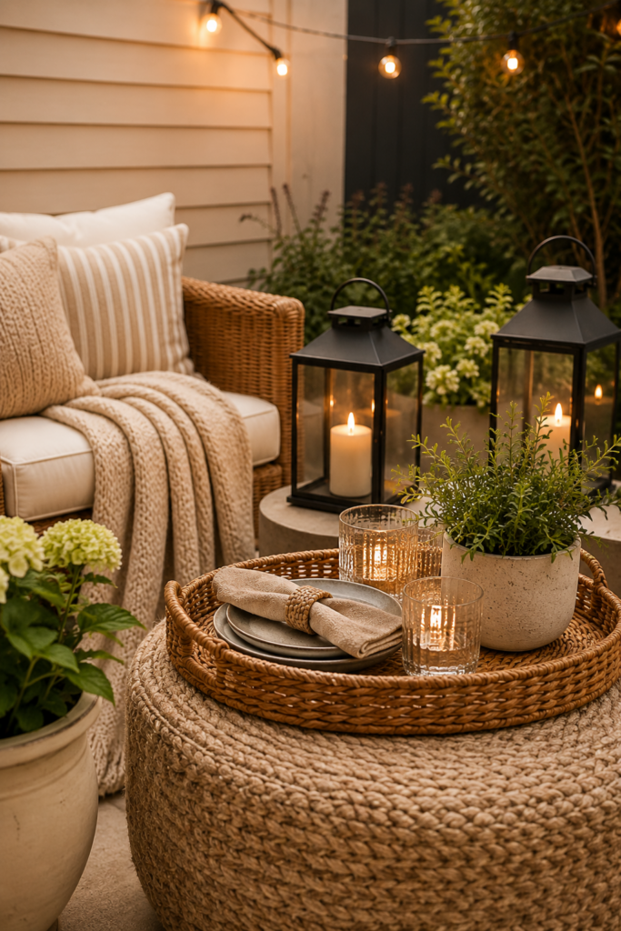 Night time image of beautifully styled decor items on a neutral woven coffee table 