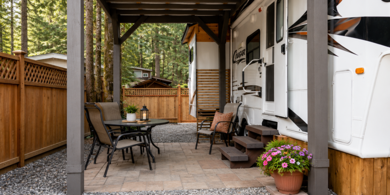 Ranch patio makeover with Sherwin-Williams Black Fox painted patio cover, white fifth wheel trailer, gravel, trees, and cozy outdoor space