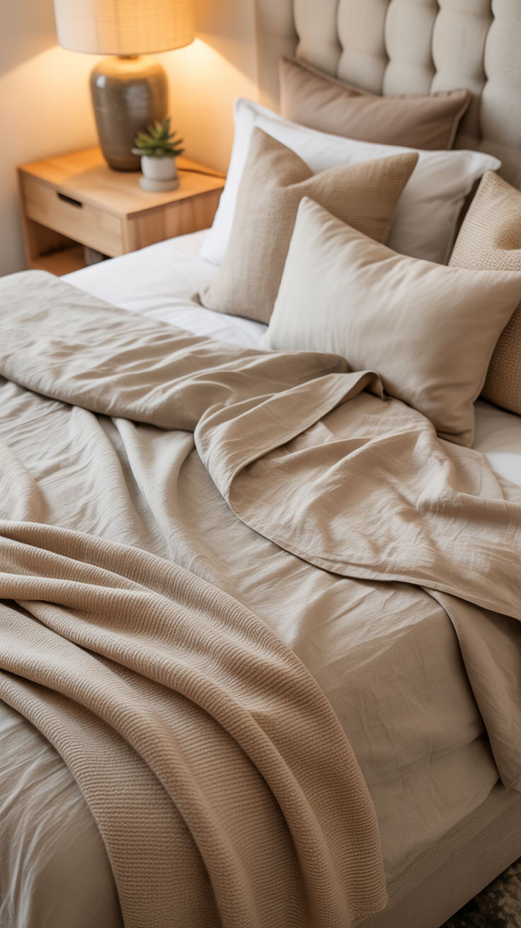A cozy, styled bed with layered neutral bedding in tones of beige, taupe, and cream, including a lightweight comforter, textured throw blanket, multiple soft pillows