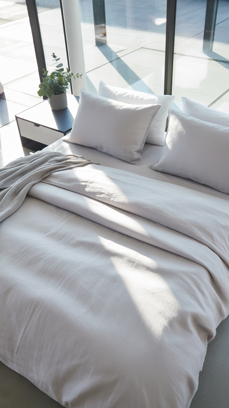 A cozy, styled bed with layered neutral bedding in tones of beige, taupe, and cream, including a lightweight comforter, textured throw blanket