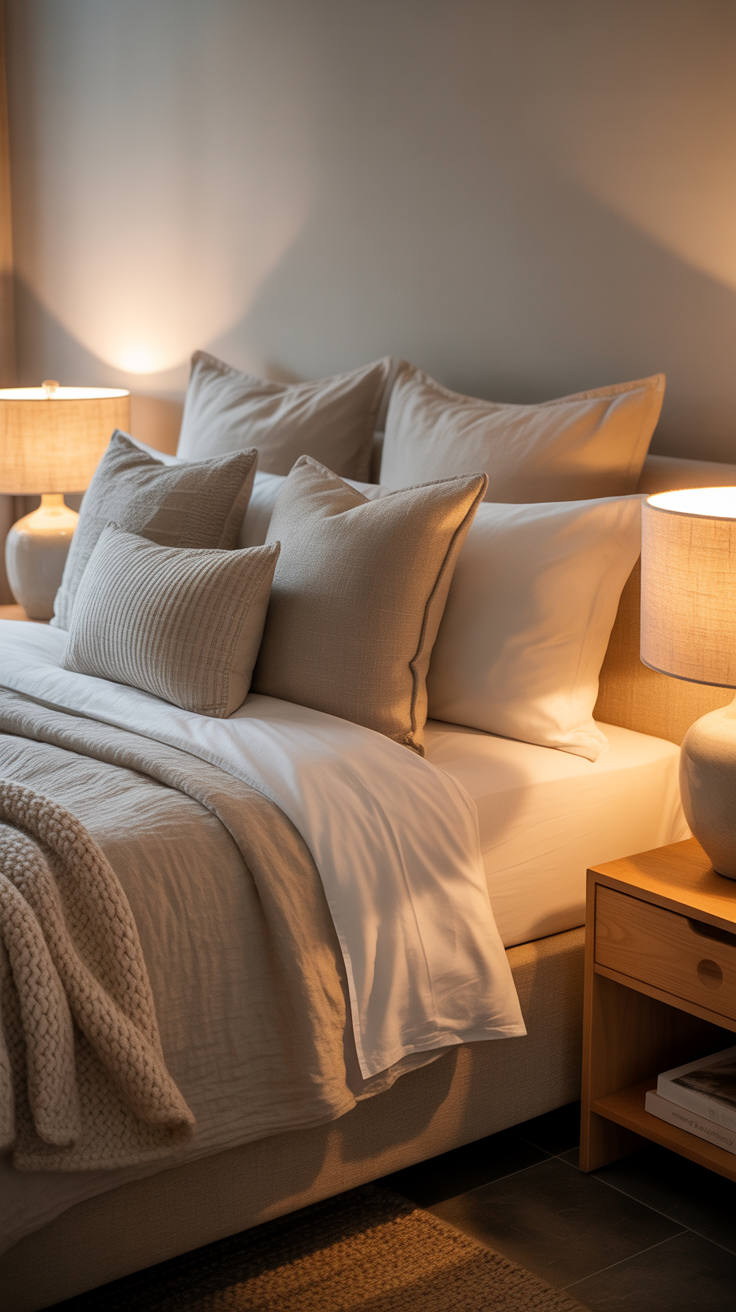 A softly lit bedroom at night with a cozy bed, warm ambient lighting from bedside lamps, neutral bedding with soft textures, layered blankets, calm and peaceful atmosphere