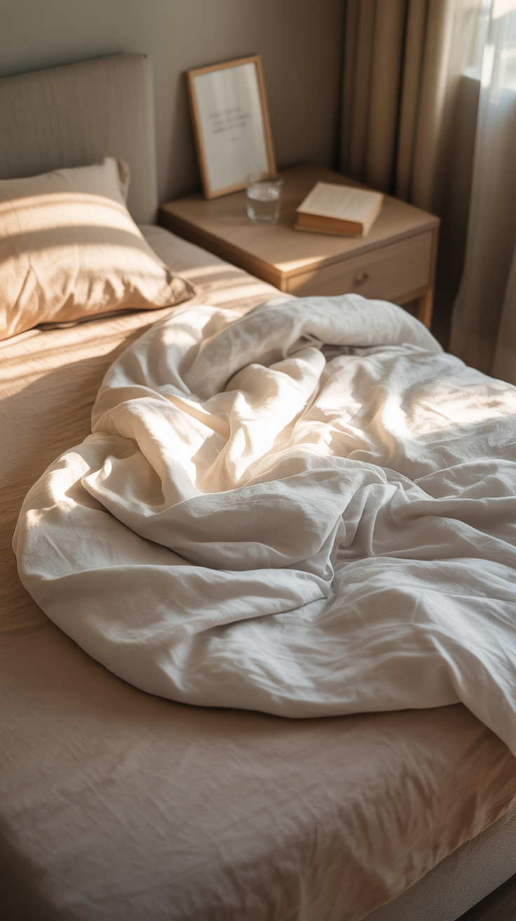 A realistic bedroom scene with slightly messy white bedding, comforter partially pushed aside, soft morning light, subtle sense of warmth in the room