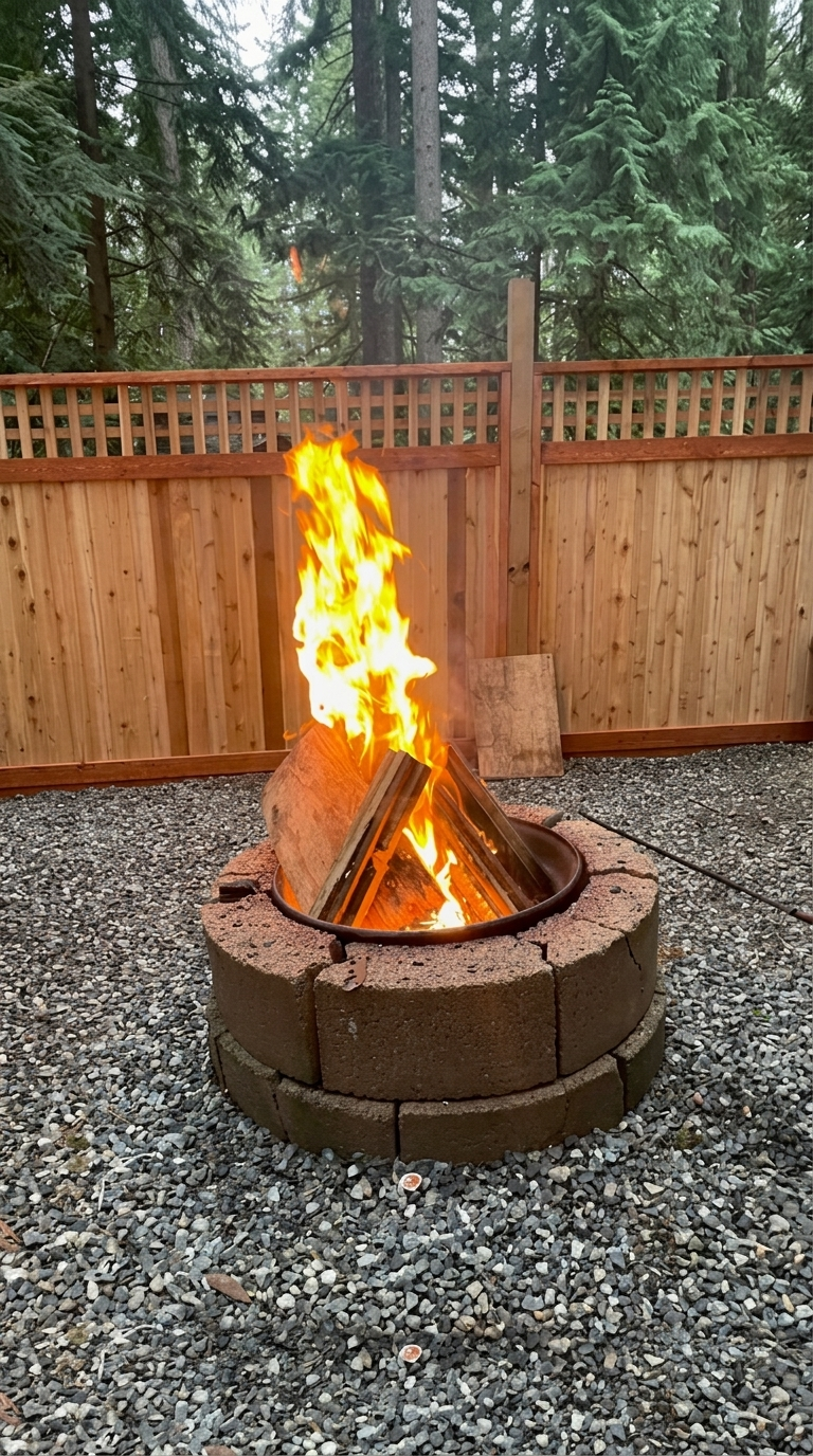image of a glowing fire at a fire pit in a heavily treed setting