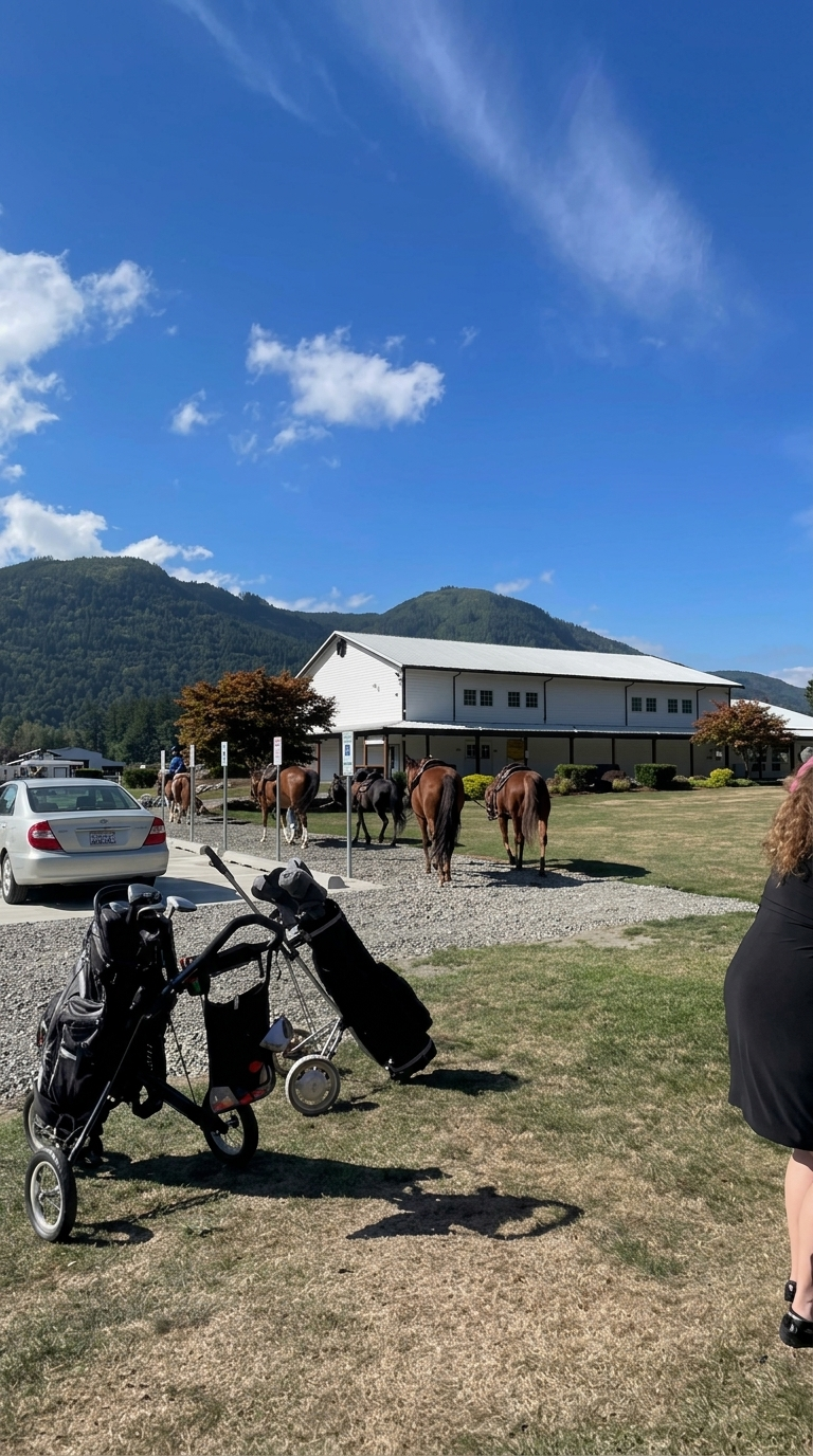 image showing several horses and golf clubs on a sunny day